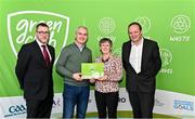 3 December 2022; Mary Prenty from Ballina Stephenites GAA, Mayo, is presented with a phase one club recognition plaque by, from left, Department of the Environment, Climate and Communications Executive Officer Robert Mooney, Chair of the GAA Green Club Steering Committee Padraig Fallon, and Dublin City Council Executive Manager Liam Bergin during the GAA Green Club Toolkit Launch at Croke Park in Dublin. Photo by Sam Barnes/Sportsfile
