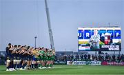 3 December 2022; Players and officials during a moments applause in memory of former Scotland and British & Irish Lions rugby international Doddie Weir before the United Rugby Championship match between Connacht and Benetton at The Sportsground in Galway. Photo by Ben McShane/Sportsfile