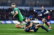 3 December 2022; Niall Murray of Connacht on his way to scoring his side's first try despite the tackle of Marcus Watson of Benetton during the United Rugby Championship match between Connacht and Benetton at The Sportsground in Galway. Photo by Ben McShane/Sportsfile