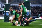 3 December 2022; Niall Murray of Connacht celebrates with teammate John Porch, right, after scoring their side's first try during the United Rugby Championship match between Connacht and Benetton at The Sportsground in Galway. Photo by Ben McShane/Sportsfile