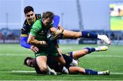 3 December 2022; John Porch of Connacht is tackled by Dewaldt Duvenage, bottom, and Ignacio Mendy of Benetton during the United Rugby Championship match between Connacht and Benetton at The Sportsground in Galway. Photo by Ben McShane/Sportsfile