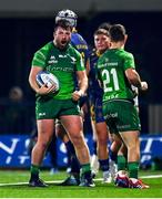 3 December 2022; Dylan Tierney-Martin of Connacht, left, celebrates after scoring his side's fifth try during the United Rugby Championship match between Connacht and Benetton at The Sportsground in Galway. Photo by Ben McShane/Sportsfile