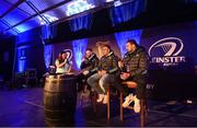 3 December 2022; Leinster players Robbie Henshaw, Charlie Ngatai and Max Deegan during a Q & A in the fanzone at the United Rugby Championship match between Leinster and Ulster at the RDS Arena in Dublin. Photo by Ramsey Cardy/Sportsfile