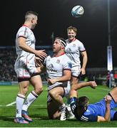 3 December 2022; Rob Herring of Ulster celebrates after scoring his side's first try during the United Rugby Championship match between Leinster and Ulster at the RDS Arena in Dublin. Photo by Ramsey Cardy/Sportsfile