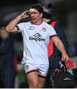3 December 2022; Tom Stewart of Ulster leaves the pitch with a head injury after a tackle by Cian Healy of Leinster, for which he was shown a red card, during the United Rugby Championship match between Leinster and Ulster at the RDS Arena in Dublin. Photo by Ramsey Cardy/Sportsfile