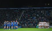 3 December 2022; Both teams huddle during the United Rugby Championship match between Leinster and Ulster at the RDS Arena in Dublin. Photo by Ramsey Cardy/Sportsfile