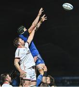 3 December 2022; Ryan Baird of Leinster wins possession in the lineout against Iain Henderson of Ulster during the United Rugby Championship match between Leinster and Ulster at the RDS Arena in Dublin. Photo by Ramsey Cardy/Sportsfile