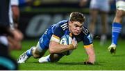 3 December 2022; Garry Ringrose of Leinster dives over to score his side's third try during the United Rugby Championship match between Leinster and Ulster at the RDS Arena in Dublin. Photo by Ramsey Cardy/Sportsfile