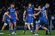 3 December 2022; Leinster players, from left, Ross Byrne, Ryan Baird, James Lowe and Ross Molony celebrate their side's fourth try, scored by Andrew Porter, during the United Rugby Championship match between Leinster and Ulster at the RDS Arena in Dublin. Photo by Ramsey Cardy/Sportsfile