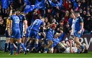 3 December 2022; Leinster players celebrate after scoring their side's fourth try during the United Rugby Championship match between Leinster and Ulster at the RDS Arena in Dublin. Photo by Harry Murphy/Sportsfile