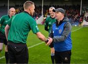 3 December 2022; Ballyea manager Robbie Hogan shakes hands with match referee Michael Kennedy before the AIB Munster GAA Hurling Senior Club Championship Final match between Ballygunner of Waterford and Ballyea of Clare at FBD Semple Stadium in Thurles, Tipperary. Photo by Ray McManus/Sportsfile