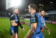 3 December 2022; Andrew Porter and Josh van der Flier of Leinster embrace after the United Rugby Championship match between Leinster and Ulster at the RDS Arena in Dublin. Photo by Harry Murphy/Sportsfile