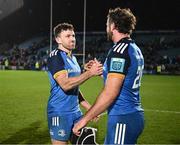 3 December 2022; Hugo Keenan and Caelan Doris of Leinster after their side's victory in the United Rugby Championship match between Leinster and Ulster at the RDS Arena in Dublin. Photo by Harry Murphy/Sportsfile