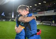 3 December 2022; Hugo Keenan and Josh van der Flier of Leinster after their side's victory in the United Rugby Championship match between Leinster and Ulster at the RDS Arena in Dublin. Photo by Harry Murphy/Sportsfile