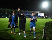 3 December 2022; Leinster players, from left,  Jason Jenkins, Jack Conan and James Ryan after their side's victory in the United Rugby Championship match between Leinster and Ulster at the RDS Arena in Dublin. Photo by Harry Murphy/Sportsfile