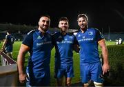 3 December 2022; Leinster players, from left, Rónan Kelleher, Hugo Keenan and Caelan Doris after their side's victory in the United Rugby Championship match between Leinster and Ulster at the RDS Arena in Dublin. Photo by Harry Murphy/Sportsfile