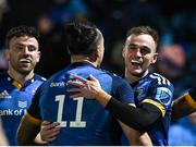 3 December 2022; James Lowe of Leinster, 11, celebrates after scoring his side's fourth try with teammate Nick McCarthy during the United Rugby Championship match between Leinster and Ulster at the RDS Arena in Dublin. Photo by Harry Murphy/Sportsfile