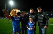 3 December 2022; Matchday mascot Gus Morrissey, age eight, with Leo the Lion and Leinster players, from left, Cormac Foley, Will Connors and Brian Deeny at the United Rugby Championship match between Leinster and Ulster at the RDS Arena in Dublin. Photo by Harry Murphy/Sportsfile