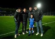 3 December 2022; Matchday mascot Andrew McNally, age 10, with Leinster players, from left, Cormac Foley, James Tracy, Will Connors and Brian Deeny at the United Rugby Championship match between Leinster and Ulster at the RDS Arena in Dublin. Photo by Harry Murphy/Sportsfile