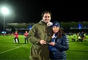 3 December 2022; Former Leinster player Conor O'Brien is presented with a trophy by Audrey Hevey of the OLSC at the United Rugby Championship match between Leinster and Ulster at the RDS Arena in Dublin. Photo by Harry Murphy/Sportsfile