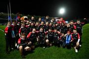 3 December 2022; The Cill Dara RFC team with Leo the Lion and Leinster players, from left, Will Connors, James Tracy, Brian Deeny and Cormac Foley before the Bank of Ireland Half-time Minis at the United Rugby Championship match between Leinster and Ulster at the RDS Arena in Dublin. Photo by Harry Murphy/Sportsfile