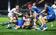 3 December 2022; Stuart McCloskey of Ulster is tackled by Ross Byrne, Josh van der Flier and Jack Conans of Leinster during the United Rugby Championship match between Leinster and Ulster at the RDS Arena in Dublin. Photo by John Dickson/Sportsfile