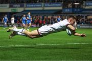 3 December 2022; Ethan McIlroy of Ulster dives over to score his side's third try during the United Rugby Championship match between Leinster and Ulster at the RDS Arena in Dublin. Photo by John Dickson/Sportsfile