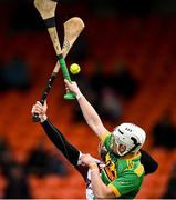 4 December 2022; Seann Elliott of Dunloy Cuchullains in action against Paul McNeill of Slaughtneil during the AIB Ulster GAA Hurling Senior Club Championship Final match between Dunloy Cuchullains of Antrim and Slaughtneil of Derry at Athletics Grounds in Armagh. Photo by Ramsey Cardy/Sportsfile
