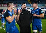 3 December 2022; Leinster players, from left, Dan Sheehan, Jack Conan and Ross Molony after their side's victory in the United Rugby Championship match between Leinster and Ulster at the RDS Arena in Dublin. Photo by Harry Murphy/Sportsfile