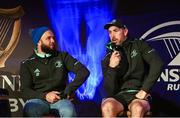 3 December 2022; Jamison Gibson-Park and assistant coach Andrew Goodman during a Q&A in the fanzone at the United Rugby Championship match between Leinster and Ulster at the RDS Arena in Dublin. Photo by Harry Murphy/Sportsfile