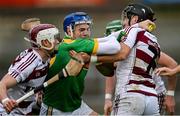 4 December 2022; Eoin McFerran of Dunloy Cuchullains is tackled by Meehaul McGrath of Slaughtneil during the AIB Ulster GAA Hurling Senior Club Championship Final match between Dunloy Cuchullains of Antrim and Slaughtneil of Derry at Athletics Grounds in Armagh. Photo by Ramsey Cardy/Sportsfile