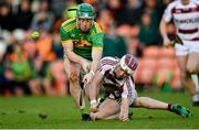 4 December 2022; Kevin Molloy of Dunloy Cuchullains in action against Brian Cassidy of Slaughtneil during the AIB Ulster GAA Hurling Senior Club Championship Final match between Dunloy Cuchullains of Antrim and Slaughtneil of Derry at Athletics Grounds in Armagh. Photo by Ramsey Cardy/Sportsfile