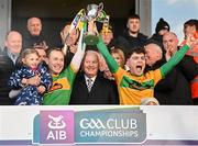 4 December 2022; Dunloy Cuchullains joint-captains Paul Shiels, left, and Ryan Elliott lift the trophy after the AIB Ulster GAA Hurling Senior Club Championship Final match between Dunloy Cuchullains of Antrim and Slaughtneil of Derry at Athletics Grounds in Armagh. Photo by Ramsey Cardy/Sportsfile