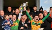 4 December 2022; Dunloy Cuchullains joint-captains Paul Shiels, left, and Ryan Elliott lift the trophy after the AIB Ulster GAA Hurling Senior Club Championship Final match between Dunloy Cuchullains of Antrim and Slaughtneil of Derry at Athletics Grounds in Armagh. Photo by Ramsey Cardy/Sportsfile