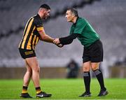 4 December 2022; Referee Maurice Deegan shakes hands with Joseph Moran of The Downs, after Deegan's last match to referee in Croke Park, in the AIB Leinster GAA Football Senior Club Championship Final match between Kilmacud Crokes of Dublin and The Downs of Westmeath at Croke Park in Dublin. Photo by Piaras Ó Mídheach/Sportsfile