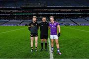 4 December 2022; Referee Maurice Deegan with team captains Luke Loughlin of The Downs and Shane Cunningham of Kilmacud Crokes before the AIB Leinster GAA Football Senior Club Championship Final match between Kilmacud Crokes of Dublin and The Downs of Westmeath at Croke Park in Dublin. Photo by Piaras Ó Mídheach/Sportsfile