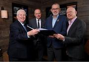 5 December 2022; Sportsfile photographer Ray McManus, GAA Director of Communications Alan Milton, Uachtarán Chumann Lúthchleas Gael Larry McCarthy and Carroll's Cuisine of Tullamore managing director John Comerford at the launch of A Season of Sundays 2022 at The Croke Park Hotel in Dublin. Photo by Seb Daly/Sportsfile