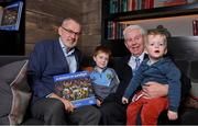 5 December 2022; Uachtarán Chumann Lúthchleas Gael Larry McCarthy, left, with Sportsfile photographer Ray McManus, and his grandchildren Luka, age 2, and Rian age 5, from Harold's Cross, Dublin, at the launch of A Season of Sundays 2022 at The Croke Park Hotel in Dublin. Photo by Seb Daly/Sportsfile