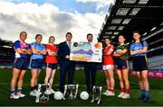 6 December 2022; In attendance at a photocall ahead of the currentaccount.ie All-Ireland Junior, Intermediate and Ladies Senior Club Football Championship Finals next weekend are LGFA President Mícheál Naughton, left, and CFO of Payac Services Barry Feeney, with players, from left, Una Twohig of Naomh Abán, Eimear O'Brien of Longford Slashers, Jennifer Brett of Mullinahone, Louise Ward of Kilkerrin-Clonberne, Niamh Callan of Donaghmoyne and Ailbhe Finnerty of Salthill-Knocknacarra. The Intermediate and Senior Finals will be played at Croke Park on Saturday, December 10, with the Junior Final to be played at Kilmallock GAA, Limerick, on Sunday December 11. Photo by Ben McShane/Sportsfile