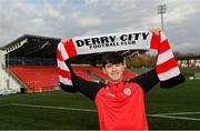 7 December 2022; New Derry City signing Colm Whelan poses for a portrait at the Ryan McBride Brandywell Stadium in Derry. Photo by Ramsey Cardy/Sportsfile