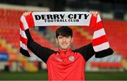 7 December 2022; New Derry City signing Colm Whelan poses for a portrait at the Ryan McBride Brandywell Stadium in Derry. Photo by Ramsey Cardy/Sportsfile