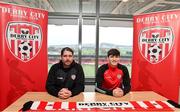 7 December 2022; New Derry City signing Colm Whelan, with Derry City manager Ruaidhrí Higgins during a press conference at the Ryan McBride Brandywell Stadium in Derry. Photo by Ramsey Cardy/Sportsfile