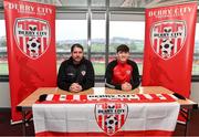 7 December 2022; New Derry City signing Colm Whelan, with Derry City manager Ruaidhrí Higgins during a press conference at the Ryan McBride Brandywell Stadium in Derry. Photo by Ramsey Cardy/Sportsfile