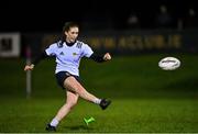 7 December 2022; Ellie O’Sullivan Sexton of Midlands kicks a conversion during the Bank of Ireland Leinster Rugby Sarah Robinson Cup Round 3 match between Metro and Midlands at Coolmine RFC in Dublin. Photo by Seb Daly/Sportsfile