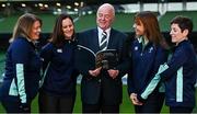 8 December 2022; IRFU President John Robinson with, from left, women’s development manager Amanda Greensmith, head of women's performance and pathways Gillian McDarby, committee member Fiona Steed and world rugby council member Su Carty during the IRFU Women In Rugby Report media conference at the Aviva Stadium in Dublin. Photo by Eóin Noonan/Sportsfile