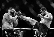 25 February 2022; (EDITOR'S NOTE; Image has been converted to black & white) Gokhan Saricam, right, in action against Kirill Sidelnikov during their heavyweight bout at Bellator 275 at the 3Arena in Dublin. Photo by David Fitzgerald/Sportsfile