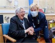 4 October 2022; Republic of Ireland manager Vera Pauw meets Sr. Caitriona Kelly, who serves in Kenya, during a visit to Cappagh Kids and The National Orthopaedic Hospital Cappagh in Dublin. Photo by Stephen McCarthy/Sportsfile