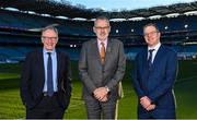 9 December 2022; Minister of State for Public Health Frank Feighan, TD, left, Uachtarán Chumann Lúthchleas Gael Larry McCarthy, centre, and Head of Healthy Ireland Tom James, during the Healthy Ireland Grants Club Walking Tracks Upgrade, at Croke Park in Dublin. Photo by Seb Daly/Sportsfile