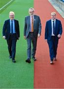 9 December 2022; Minister of State for Public Health Frank Feighan, TD, left, Uachtarán Chumann Lúthchleas Gael Larry McCarthy, centre, and Head of Healthy Ireland Tom James, during the Healthy Ireland Grants Club Walking Tracks Upgrade, at Croke Park in Dublin. Photo by Seb Daly/Sportsfile