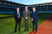 9 December 2022; Minister of State for Public Health Frank Feighan, TD, left, Uachtarán Chumann Lúthchleas Gael Larry McCarthy, centre, and Head of Healthy Ireland Tom James, during the Healthy Ireland Grants Club Walking Tracks Upgrade, at Croke Park in Dublin. Photo by Seb Daly/Sportsfile